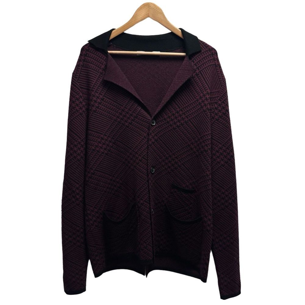 Mr. Turk Men's Size L Button Front Cardigan Sweater Wool Burgundy Red Glen Plaid